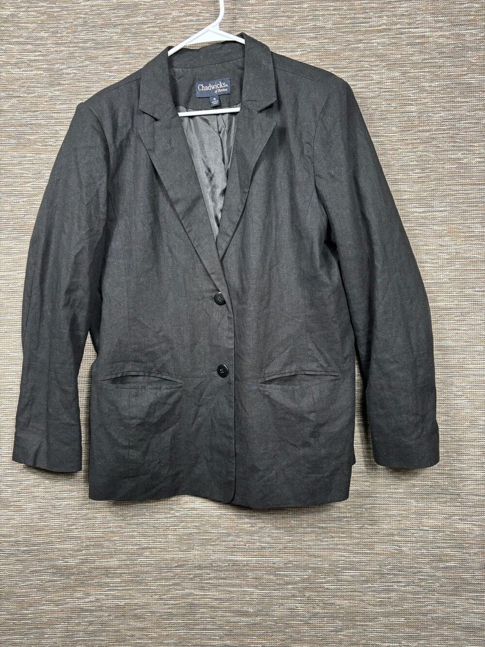 Chadwicks Of Boston Blazer Womens 16 Gray Linen Blend Two Button Jacket Lined